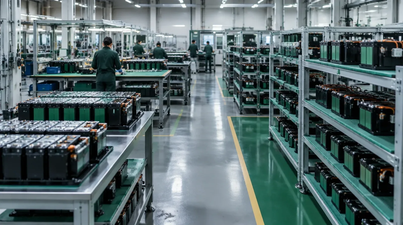 Battery module assembly line in a clean, brightly lit production hall