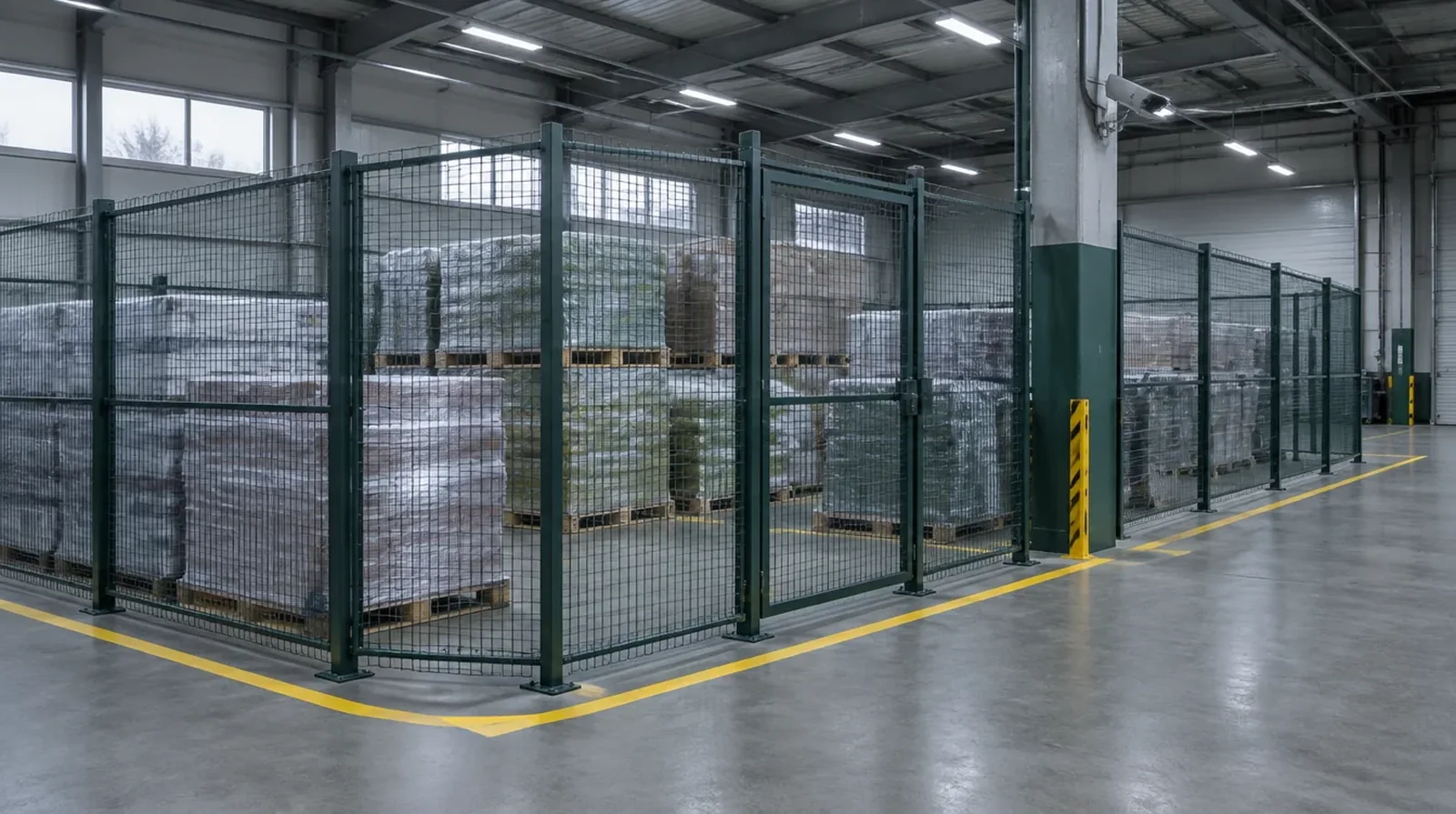A caged bonded storage area with shrink-wrapped pallets, yellow floor lines and a security camera