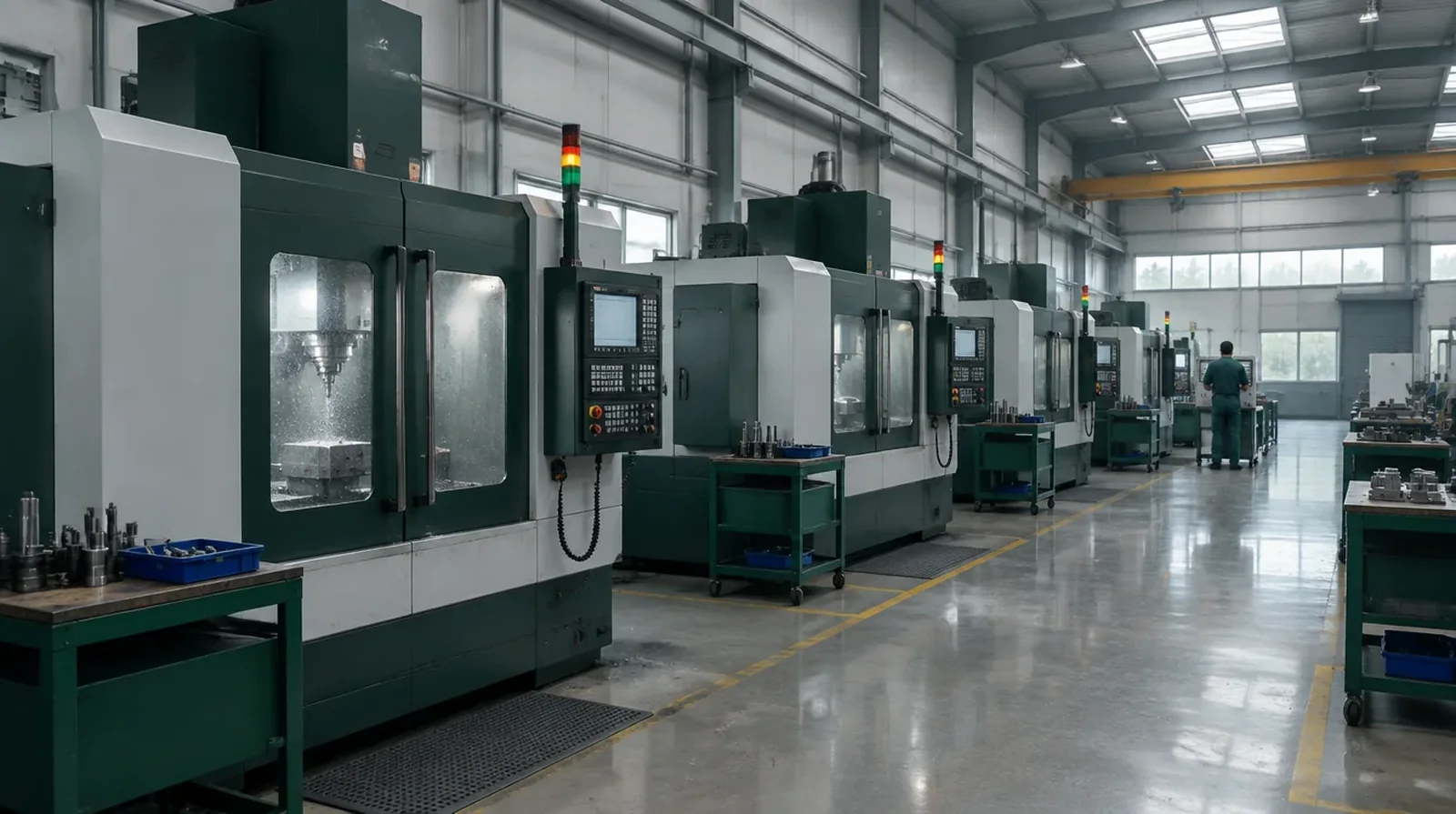 A row of CNC machining centres on a factory floor