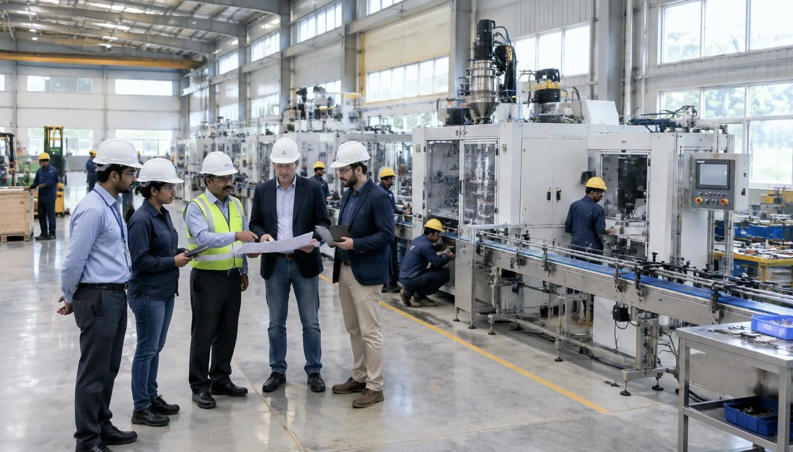 Indian and international project teams reviewing a new manufacturing line during installation