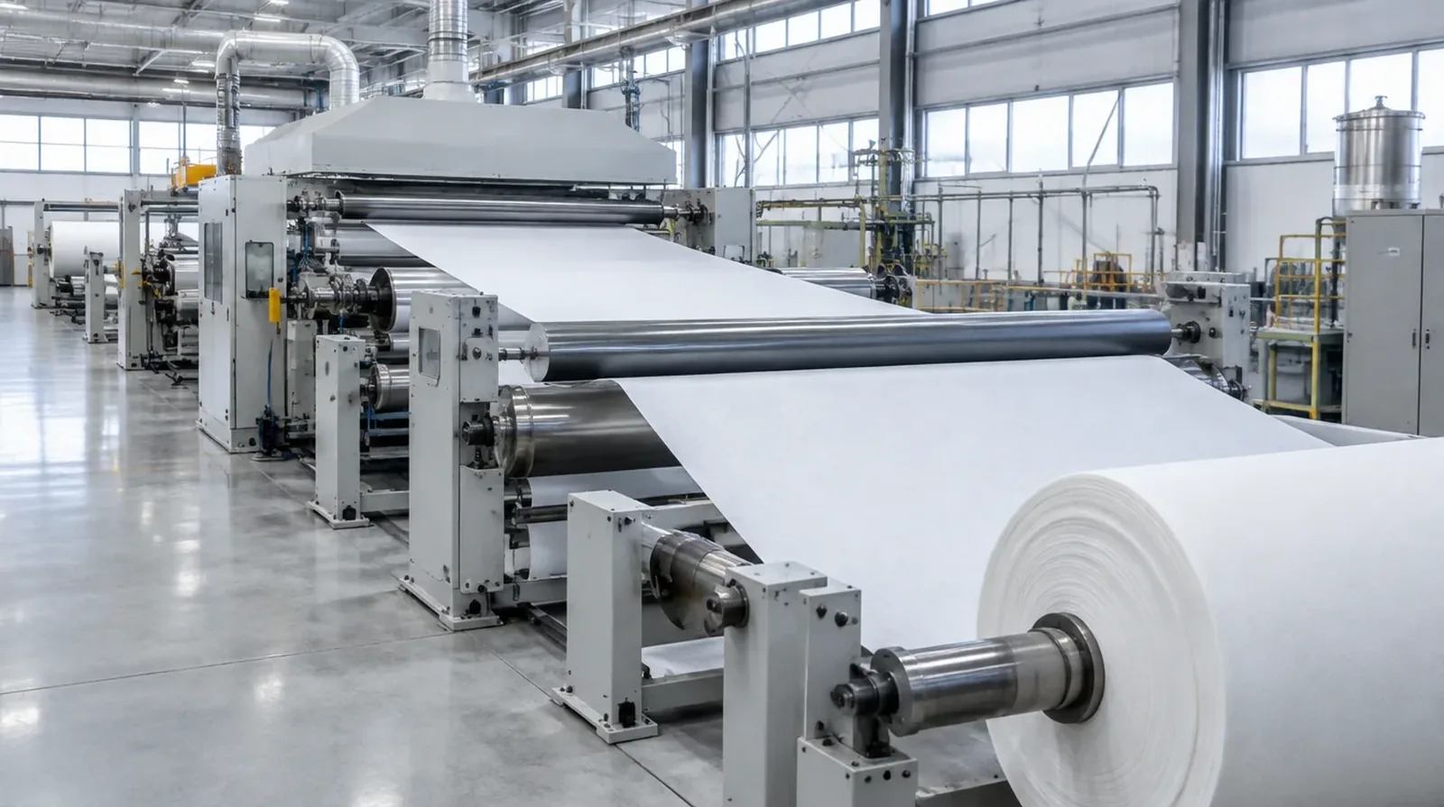 A nonwoven fabric web running through industrial rollers