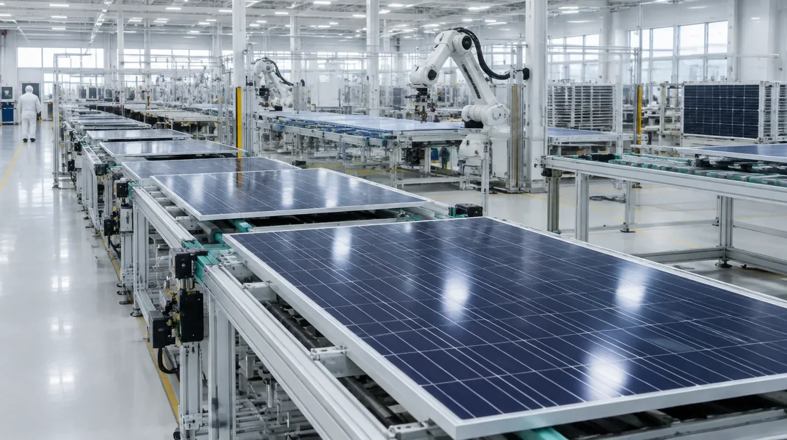 Solar modules moving along an automated production line